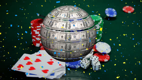 animation of globe formed with american dollars over casino gambling chips and cards