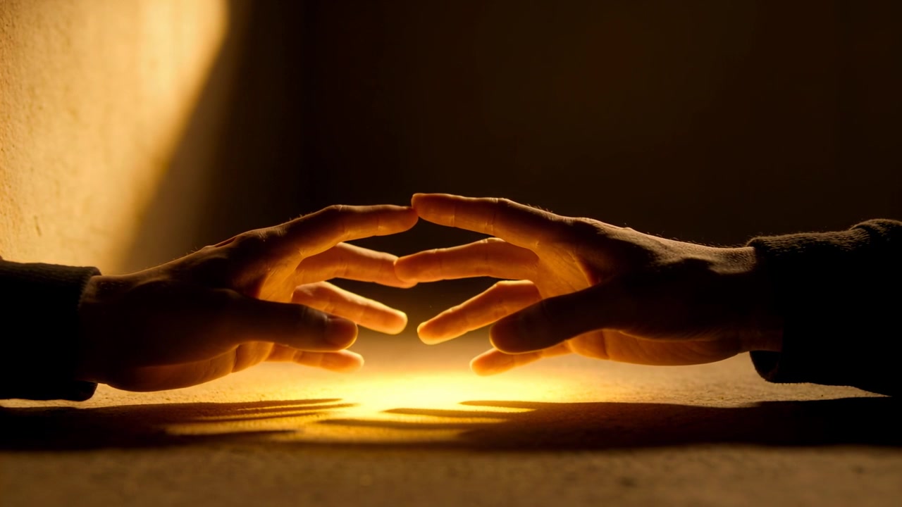 Due mani con maniche lunghe che si protendono e si toccano le punte delle dita sopra il tavolo, illuminate dal caldo bagliore di una lampada.