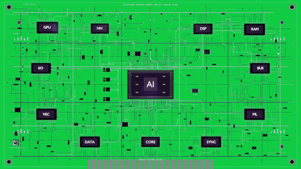 AI-chip centrerer, mens pixels gnistrer spor, mærkede blokke bygger et skematisk diagram på en alfa-baggrund