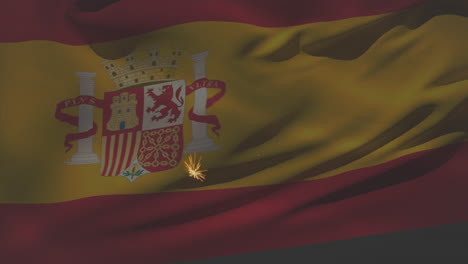 animación de la bandera de españa ondeando sobre fuegos artificiales
