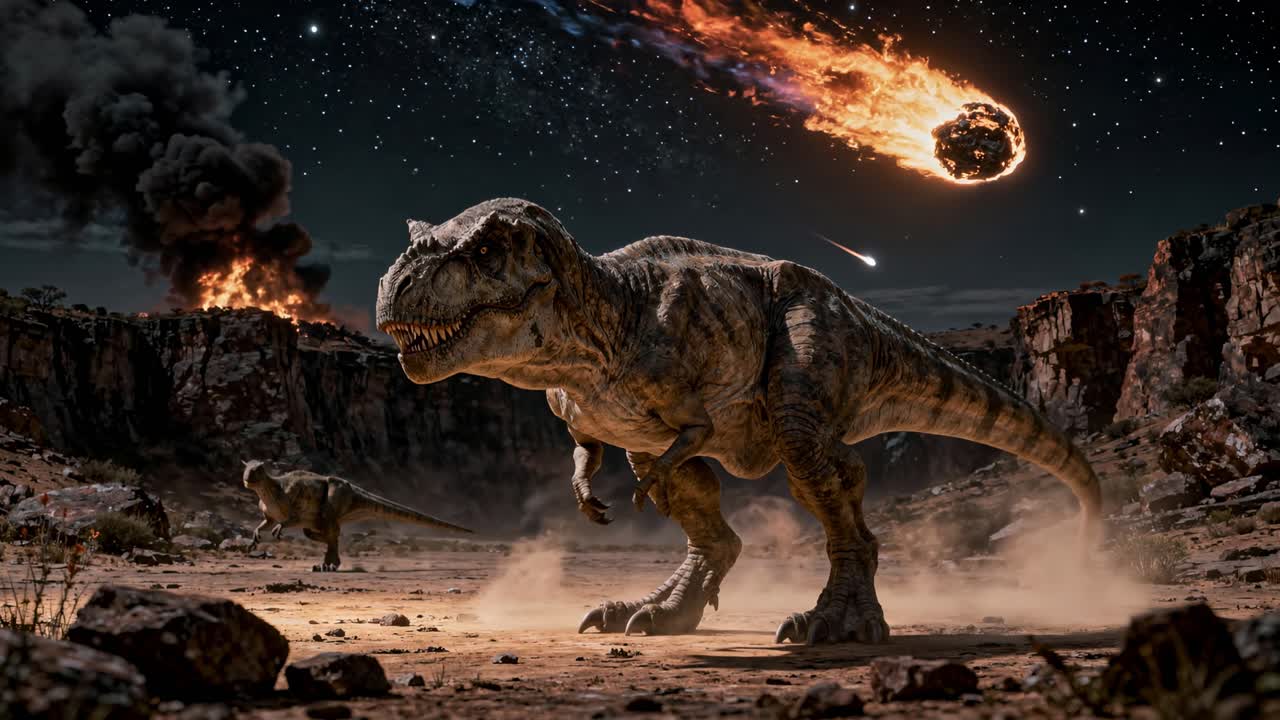 Tyrannosaurus rex running through desert during meteor impact at night.Dramatic prehistoric scene with a roaring T rex, blazing meteor, fire, smoke, and dusty canyon under a starry night sky