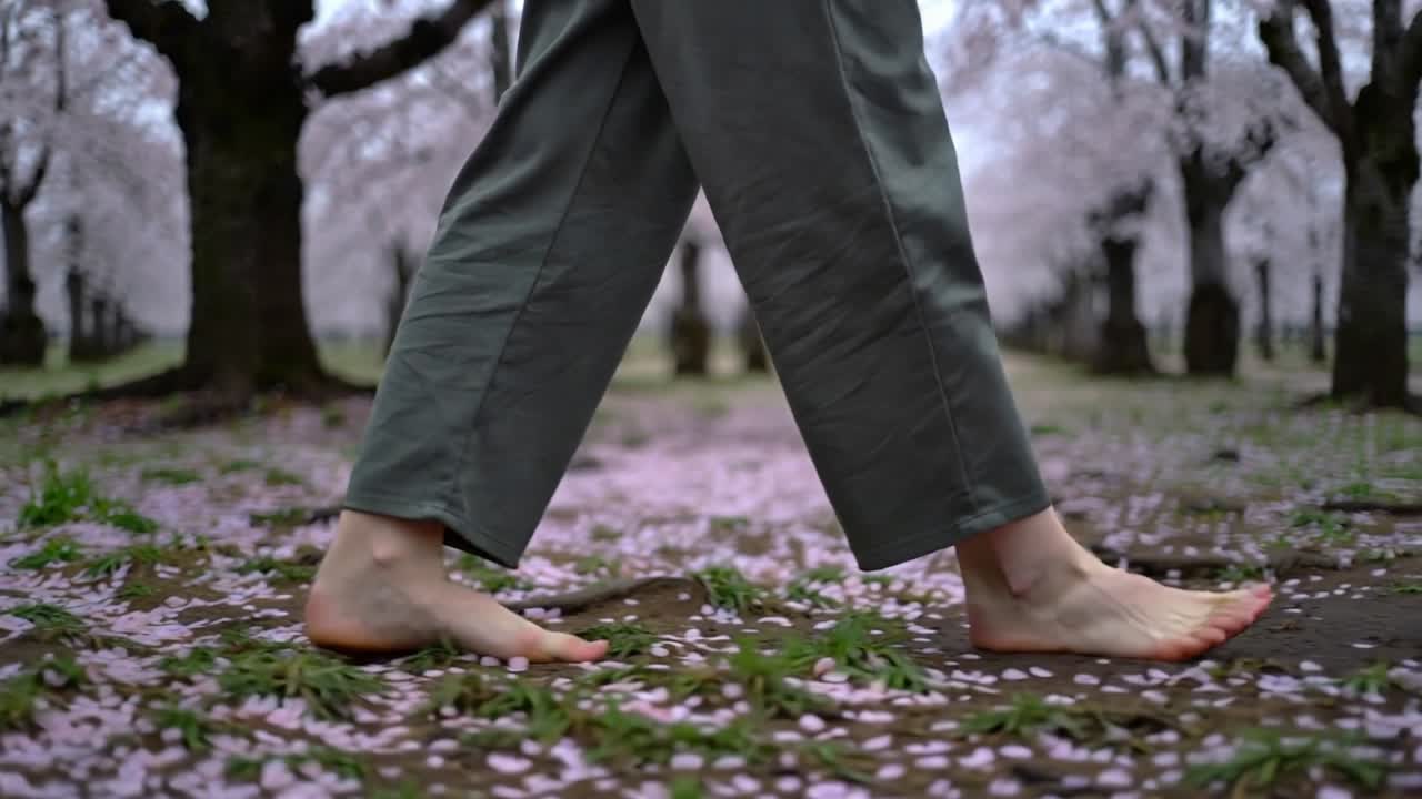 Walking bare feet in cropped gray-green pants entering frame, stepping on petals under cherry trees