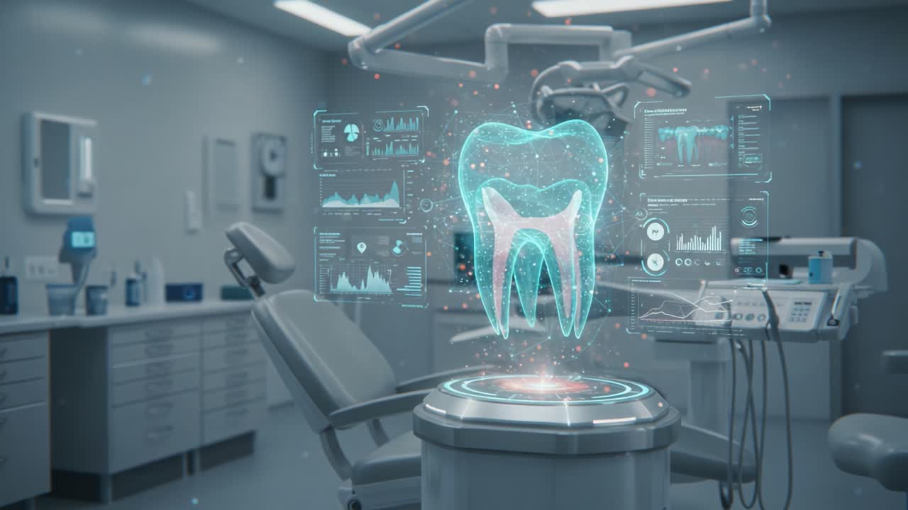 Futuristic Dental Care: Advanced Technology and Digital Visualization of a Tooth in a Modern Dental Clinic Environment