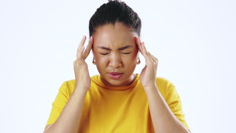 Stress,-Müde-Und-Schwarze-Frau-Mit-Kopfschmerzen