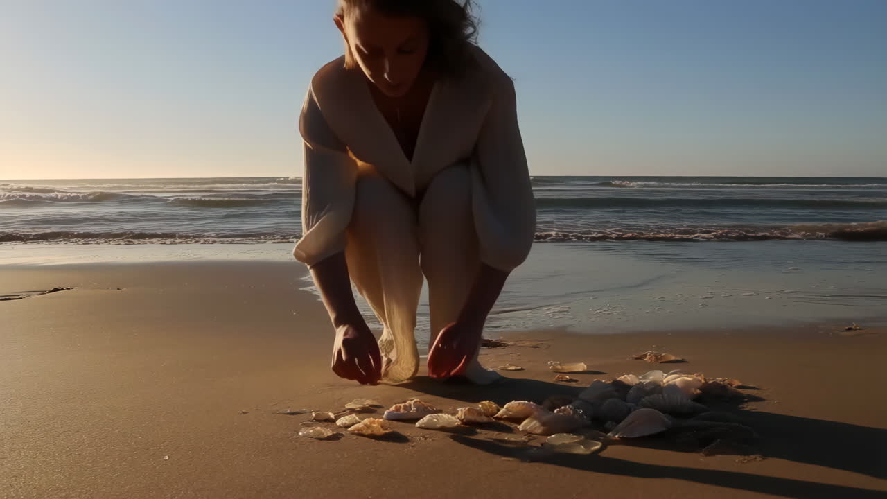 A person on a serene beach interacting with seashells and jellyfish at sunrise or sunset