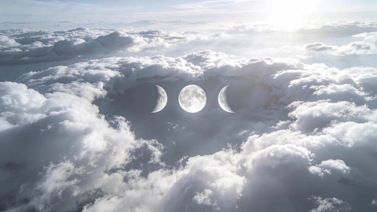 太陽が明るさを増し、カメラが層積雲の雲の塊の上を滑るように進むと、3つの月が現れる。