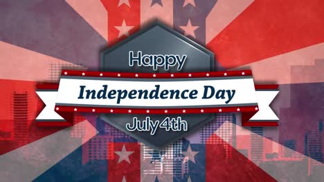 animation of happy independence day fourth of july text over american flag and cityscape