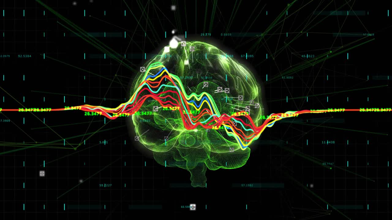 Upon appearing wireframe brain rotating while colored waveform traces intensifying showing signals