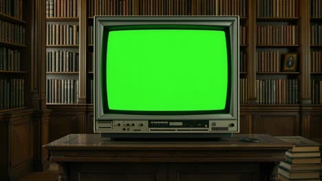 vintage television set displaying a green screen placed on a wooden desk in a traditional library, providing a backdrop for video editing and compositing
