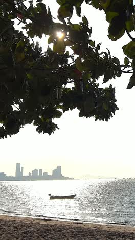 vista al mar tranquila con el horizonte de la ciudad distante