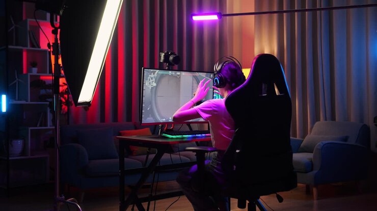 Back View Of Asian Girl Streamer Stretching While Playing Game Over Network On Personal Computer. Live Stream Video Game, Desk Illuminated By Rgb Led Strip Light