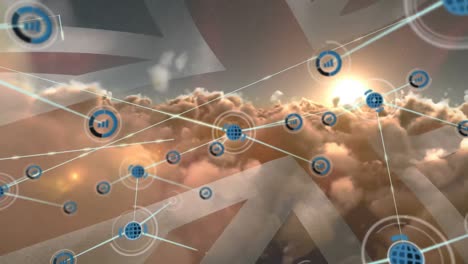 animation of network of profile icons over clouds and sun in the sky against waving uk flag