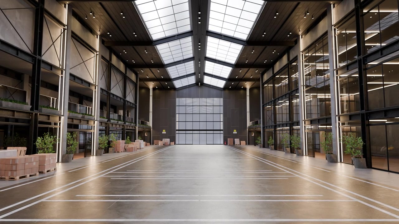 Interior Vacío de un Almacén Industrial Moderno con Oficinas de Cristal