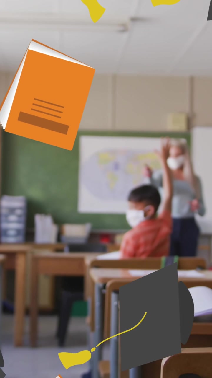 Animasi ikon perlengkapan sekolah bergerak di atas anak-anak sekolah yang mengenakan masker wajah