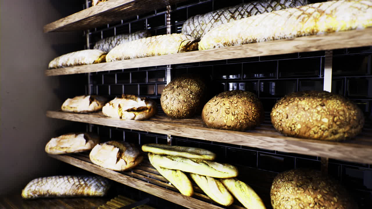 Freshly baked bread varieties displayed on rustic wooden shelves
