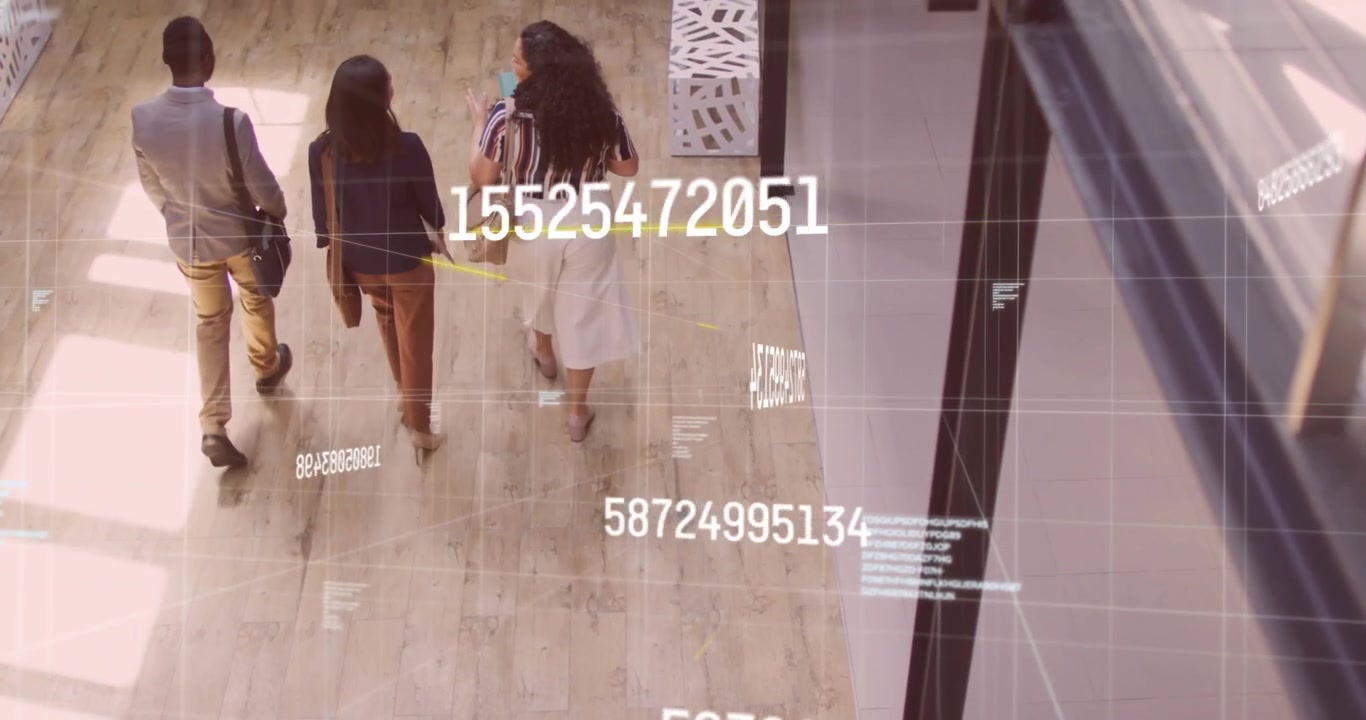 Three colleagues walking to meeting while entering numeric grid scanning then fading around folders