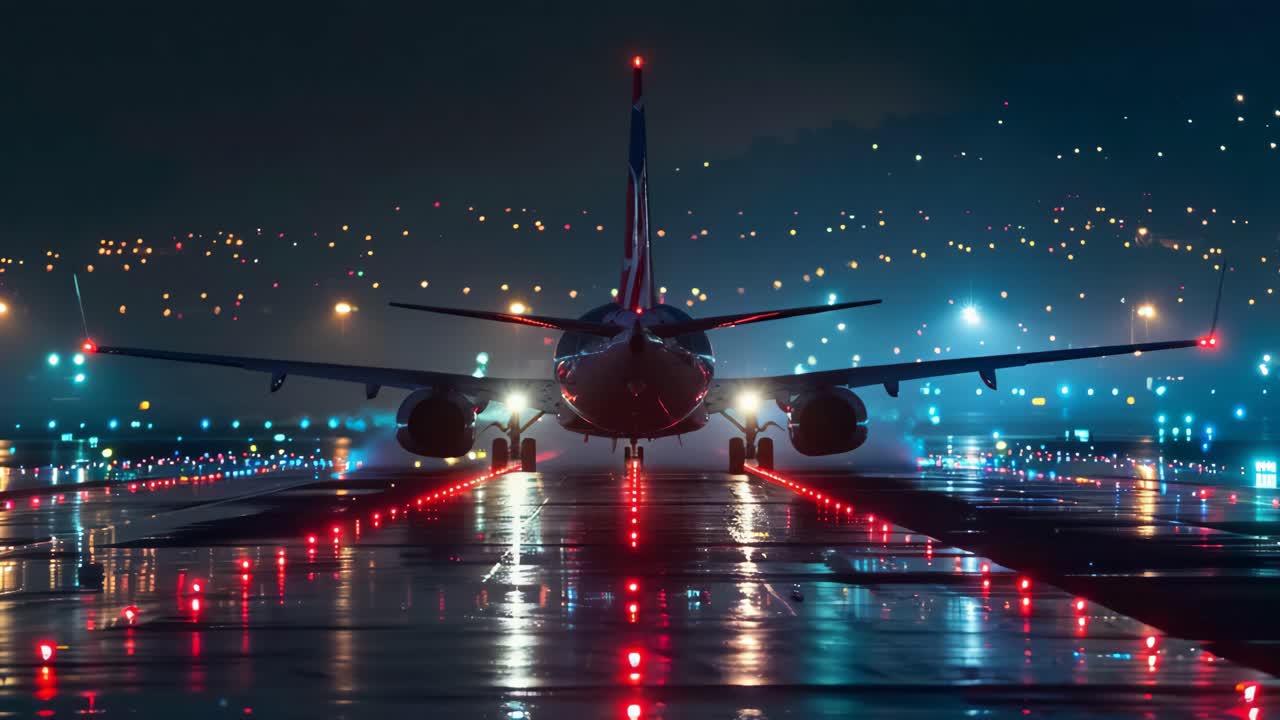 Airplane on Airport Runway at Night