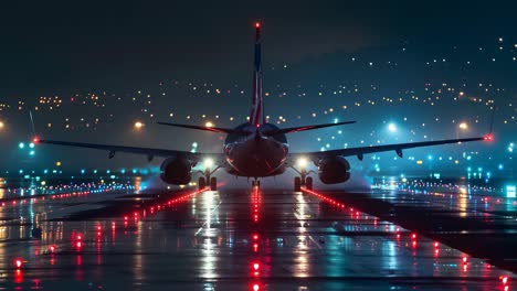 airplane on airport runway at night