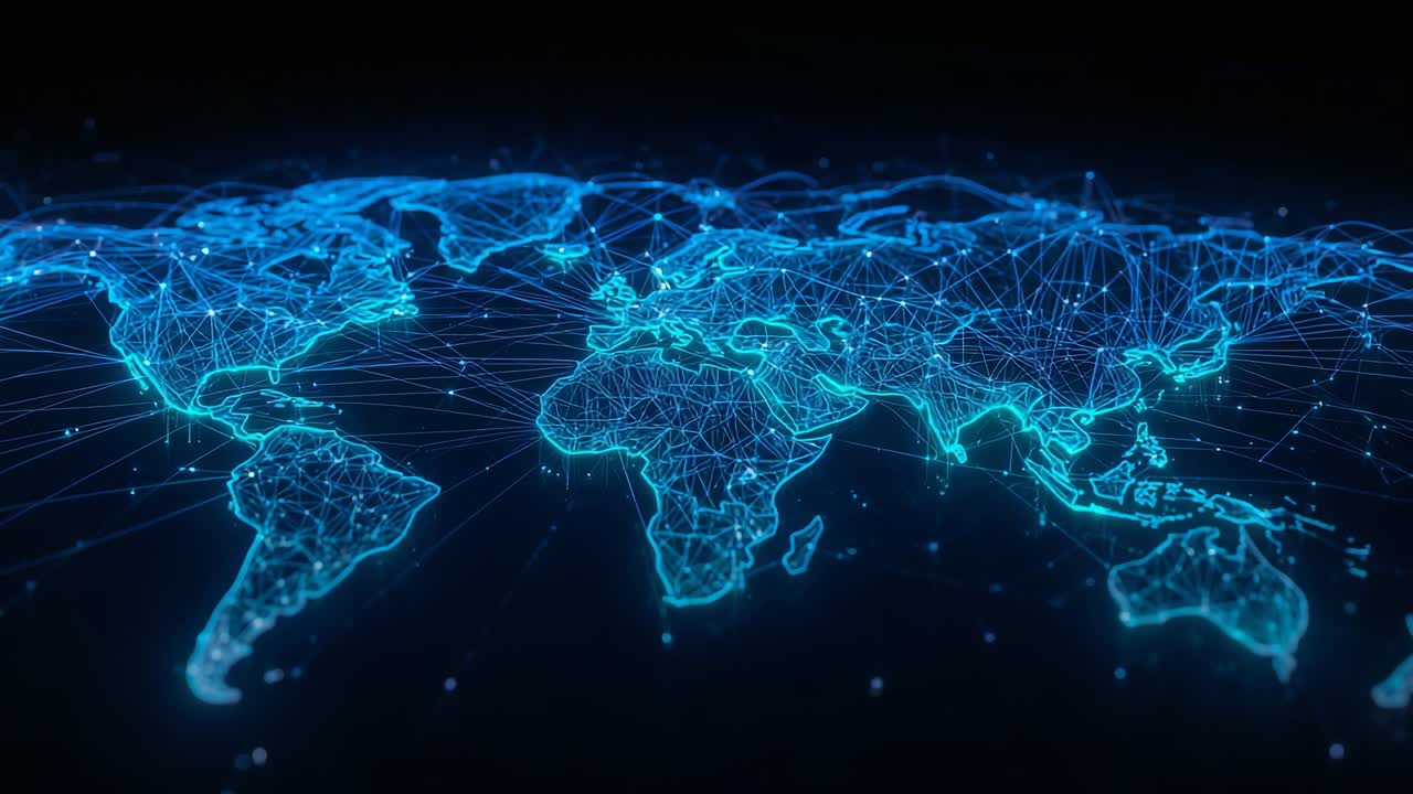 Digital continent outlines emerging in cyberspace pulsing blue nodes and neon lines showing flow