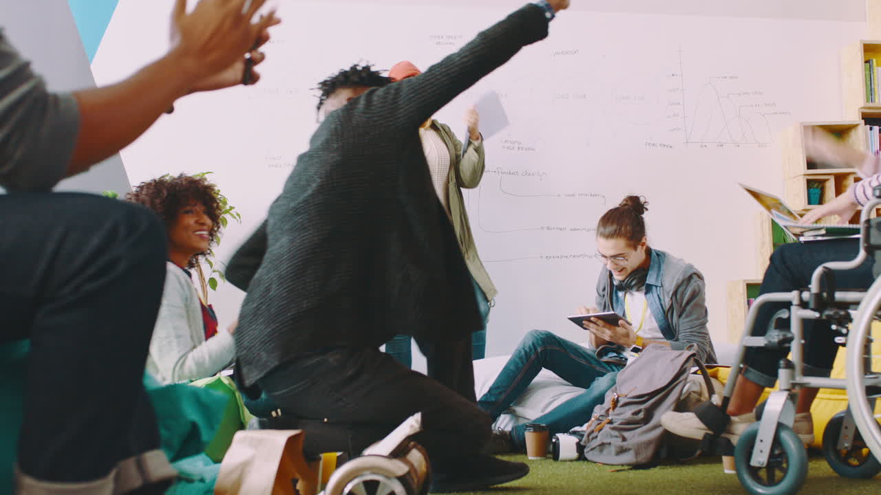 Teamwork, celebration and young business people