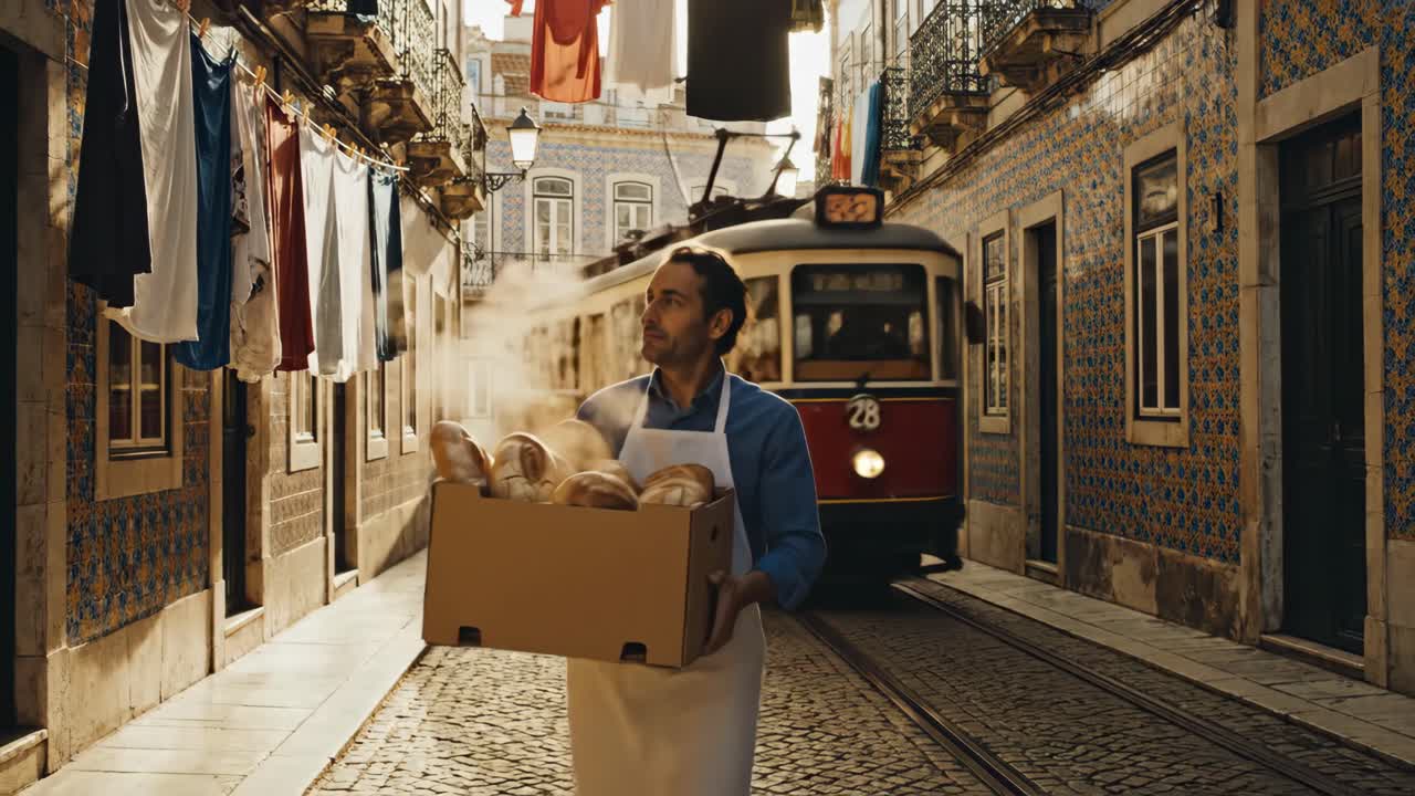 Man Carrying Bread on Cobblestone Street in Lisbon