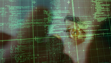 animation of network of connections and data processing over biracial woman during eye test