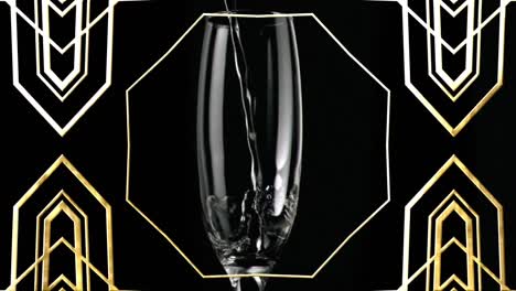 Animation-Eines-Goldmusters-über-Einem-Glas-Champagner-Auf-Schwarzem-Hintergrund