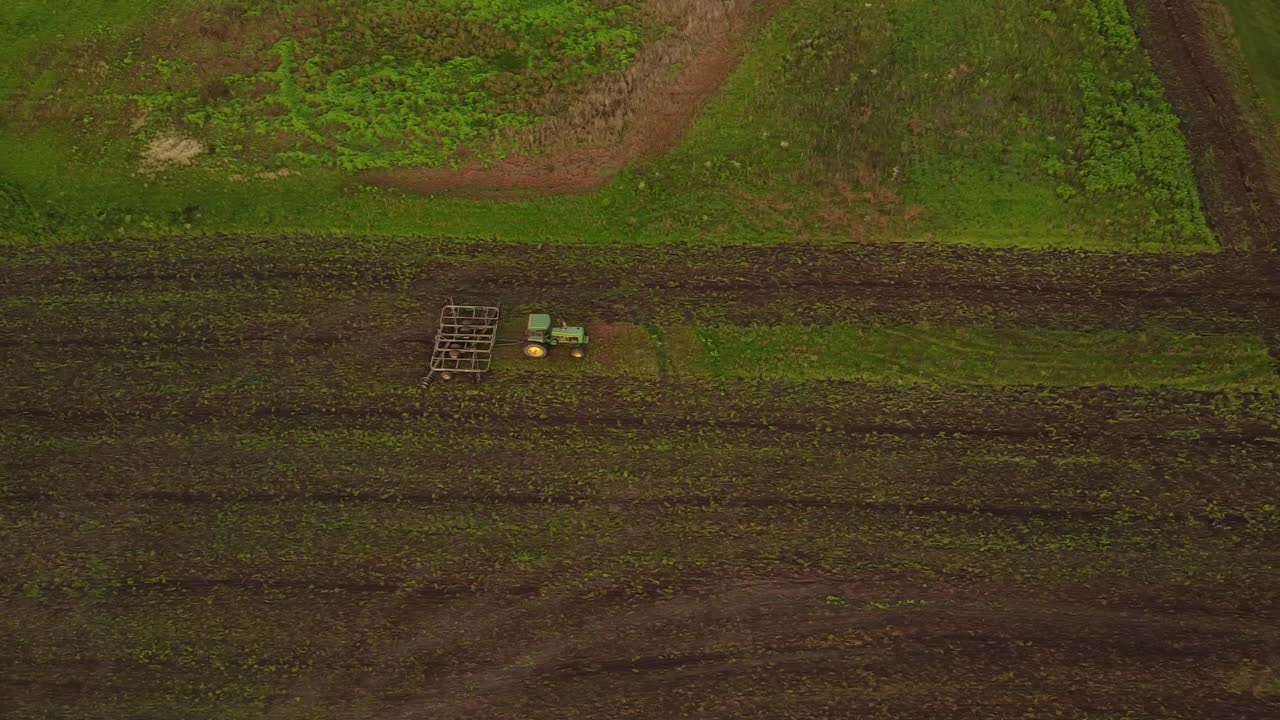 Tillage Tractor Tilling The Agricultural Field In Monroe County, Michigan - aerial top-down shot