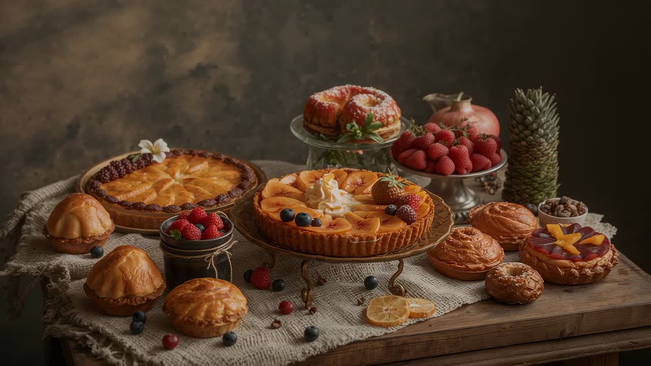 Opening with wide shot camera pushing and panning over rustic wooden table showcasing peach tart