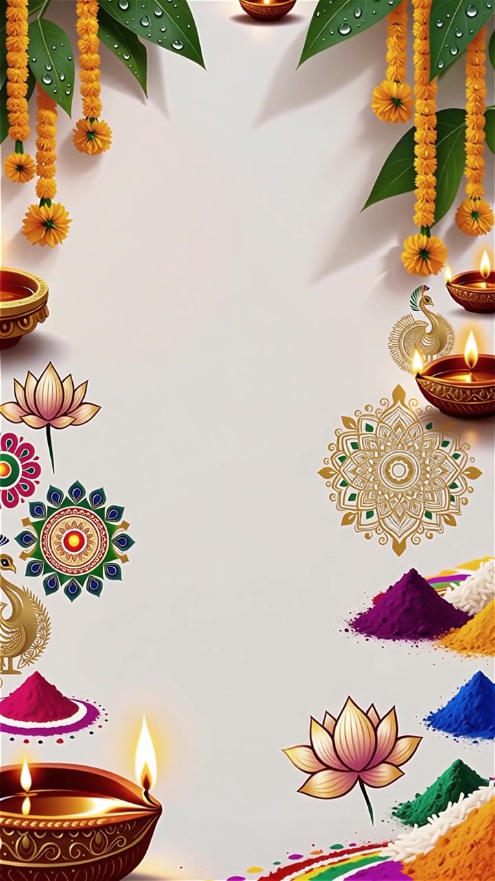 Sfondo Diwali con Diyas luminosi, Rangoli e fiori di loto
