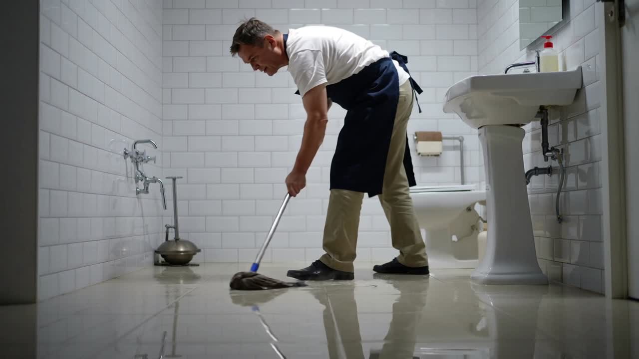 Pulling wet mop, cleaner wearing dark waist apron mopping glossy tiled bathroom floor to clean