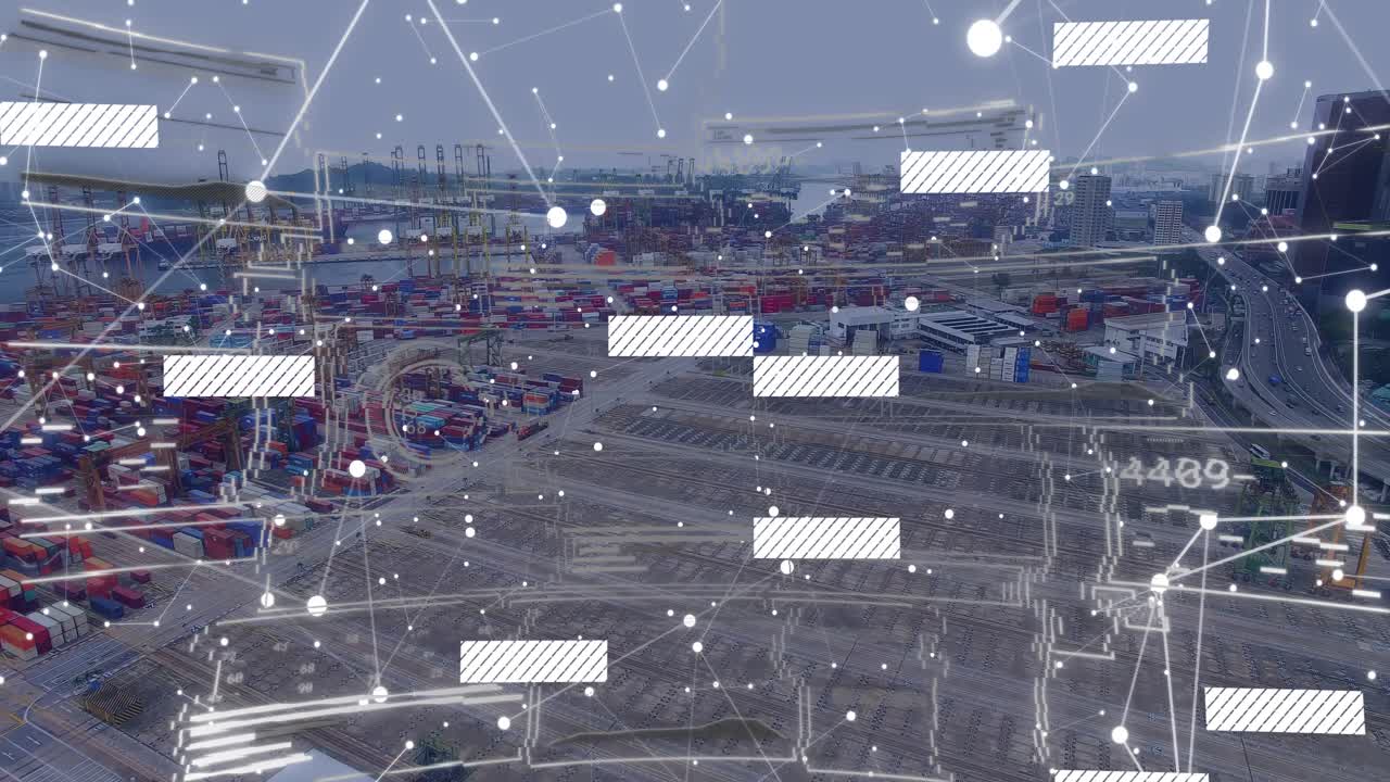 Drone panning showing green gantry cranes while HUD nodes sliding and metrics updating for port ops