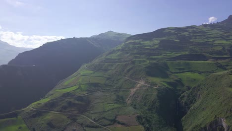 aerial view of beautiful green mountain range with clear blue sky at chunchi, chimborazo province, ecuador. drone flying forward dolly shot