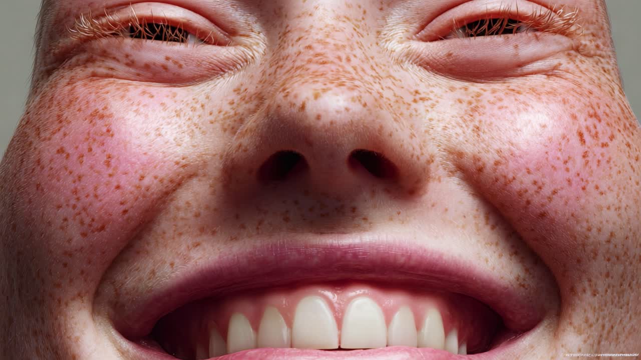 A close-up view captures the infectious joy of a person smiling, showcasing unique freckled skin tones and the bright sparkle in their eyes, celebrating the beauty of happiness and expression