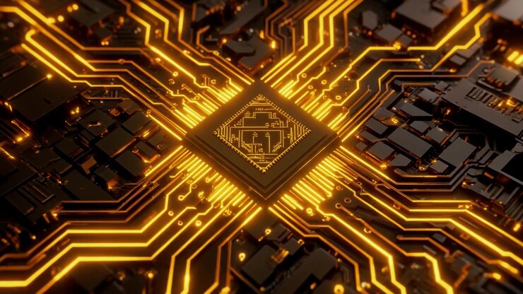Circuito stampato dorato luminoso con chip processore centrale