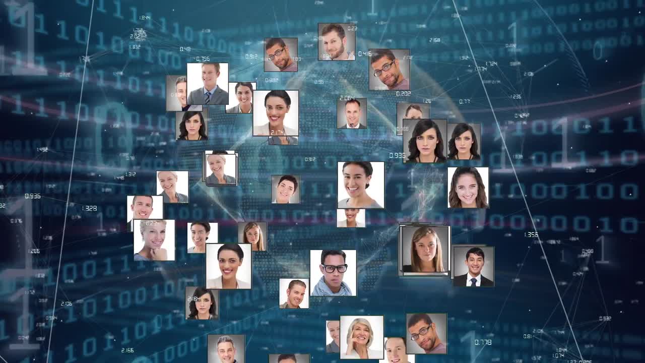 animación de la red de conexiones con imágenes de personas a través del procesamiento de datos