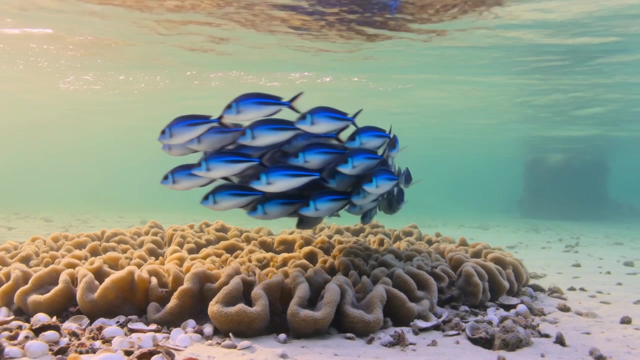 Banco de peces de arrecife azules en movimiento flotando sobre coral lobulado en un arrecife poco profundo, respondiendo a la corriente.