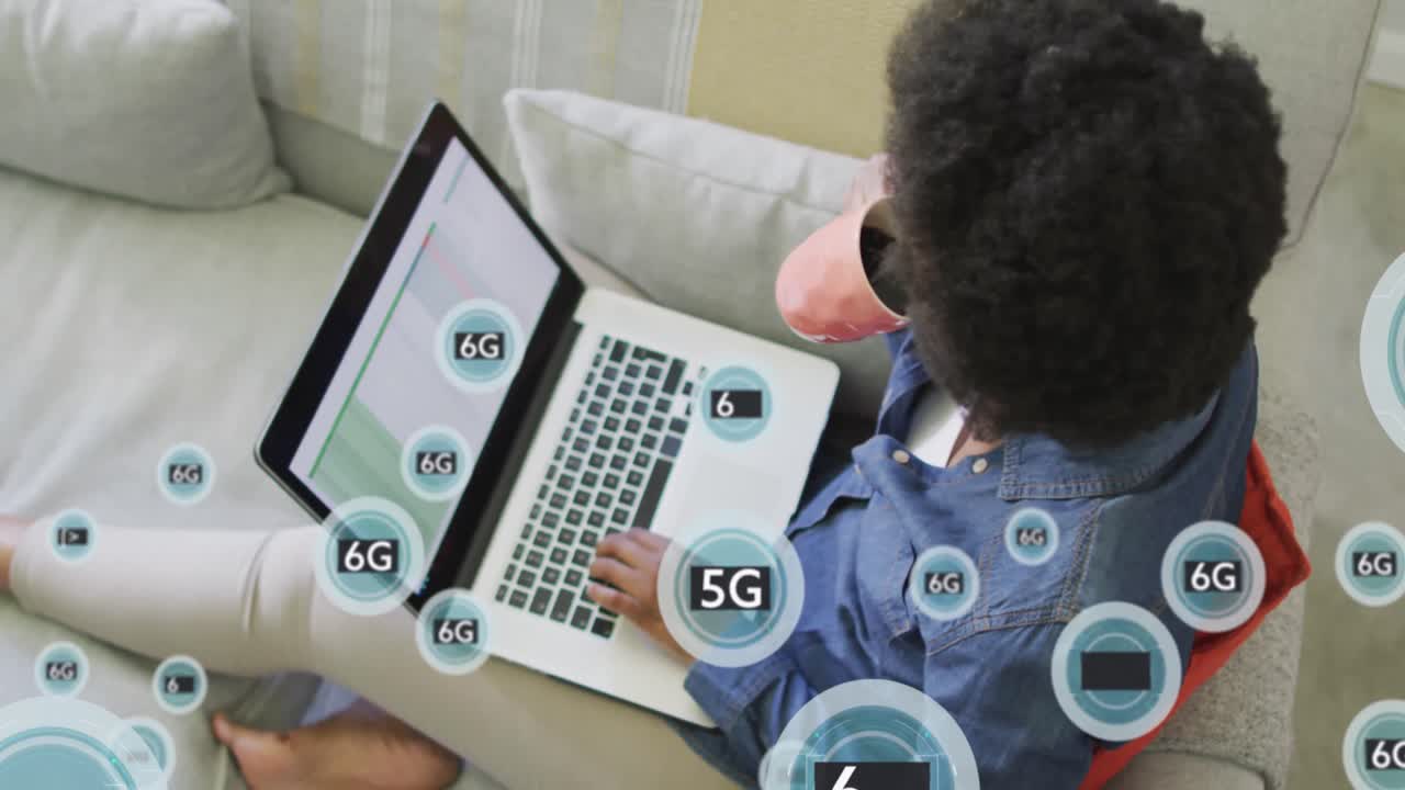 Animation of 6g texts over african american woman using laptop
