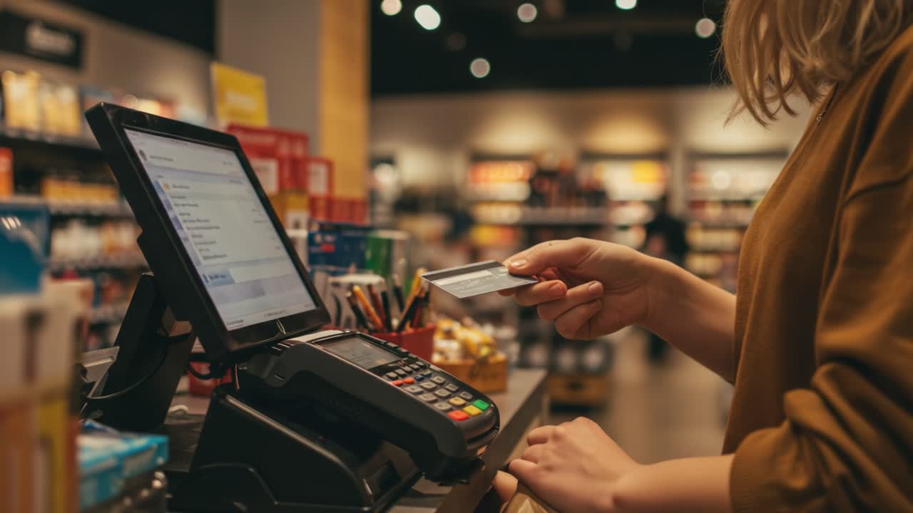 A Customer at Checkout: A Woman Making a Payment with a Credit Card at the Register in a Busy Retail Store, Capturing the Modern Shopping Experience.