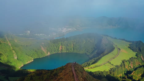 aerial drone view of volcanic lakes in sao miguel, azores islands - portugal