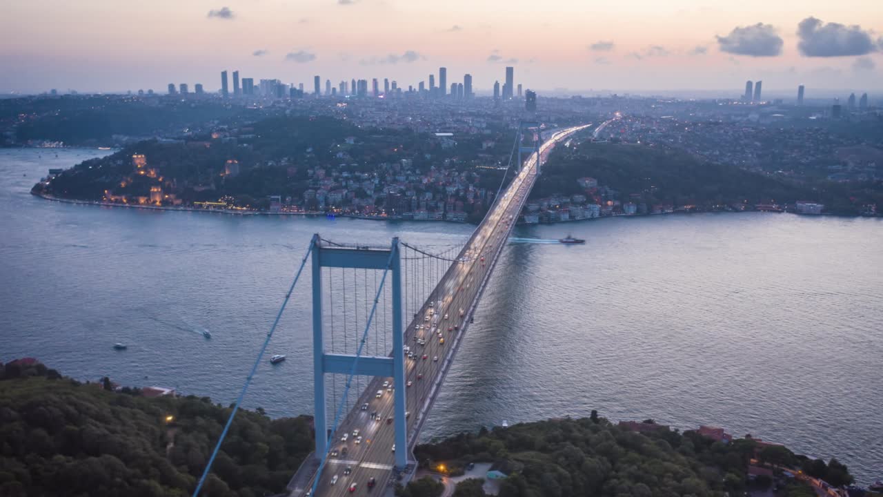Aerial panoramic hyper lapse shot of Large cable-stayed bridge over Bosporus at sunset. Visual effects highlighting heavy traffic and marking points of interest. Istanbul, Turkey