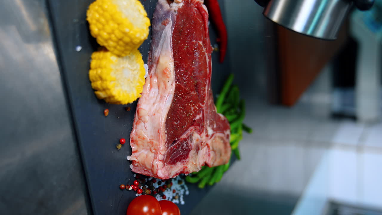 A piece of raw meat on the black board. Hands in black latex gloves sprinkle spices from the mill. Close up. Blurred backdrop. Vertical screen.
