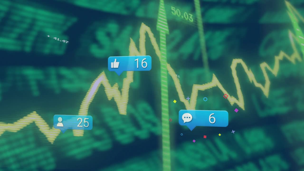 緑色のデータがスクロールし、ピークを形成する折れ線グラフが出現。エンゲージメントを示すリアクションアイコンも表示される。