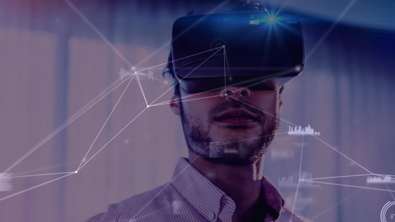 Animation of network of connections over businessman wearing vr headset