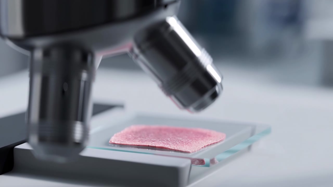Close-up of a microscope positioned above a glass slide with a pink biological sample in a sterile laboratory setting, shown with soft background blur