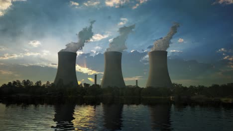 steaming cooling towers of nuclear power plant