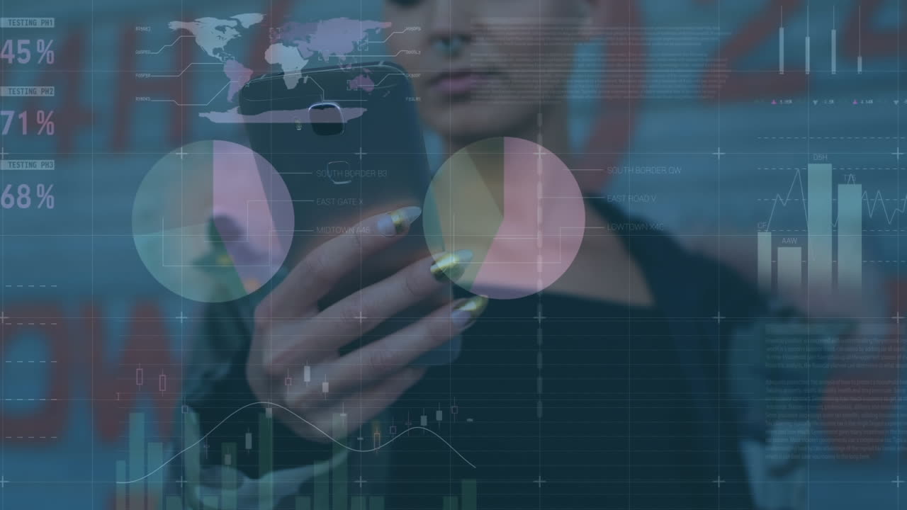 Animation of financial data processing over caucasian woman using smartphone
