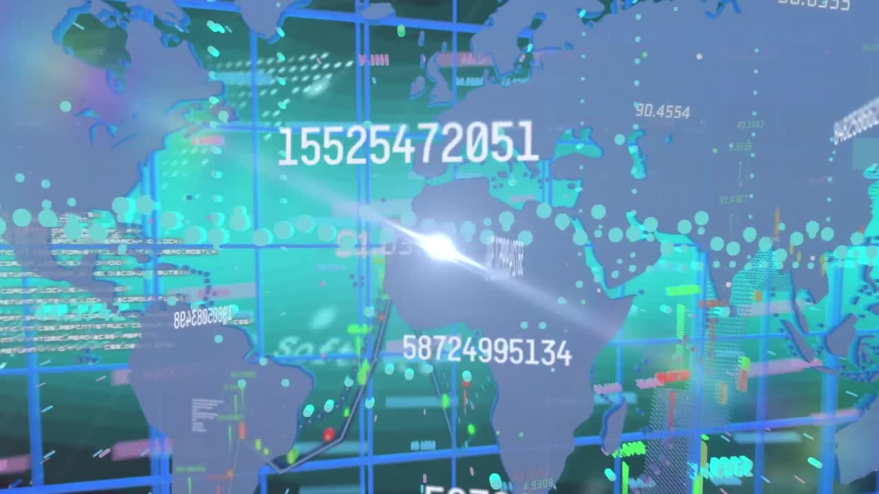 파란색 배경의 세계 지도 위에서 변하는 숫자와 금융 데이터 처리의 애니메이션