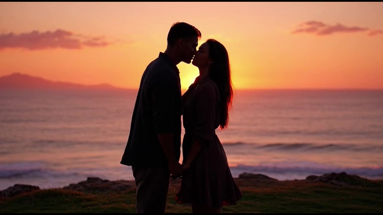 Young Couple Holding Hands and Kissing at Sunset on the Beach