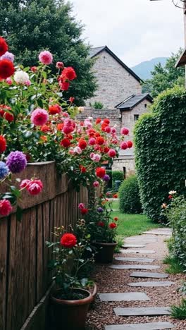 a charming garden path lined with vibrant flowers and a rustic stone house
